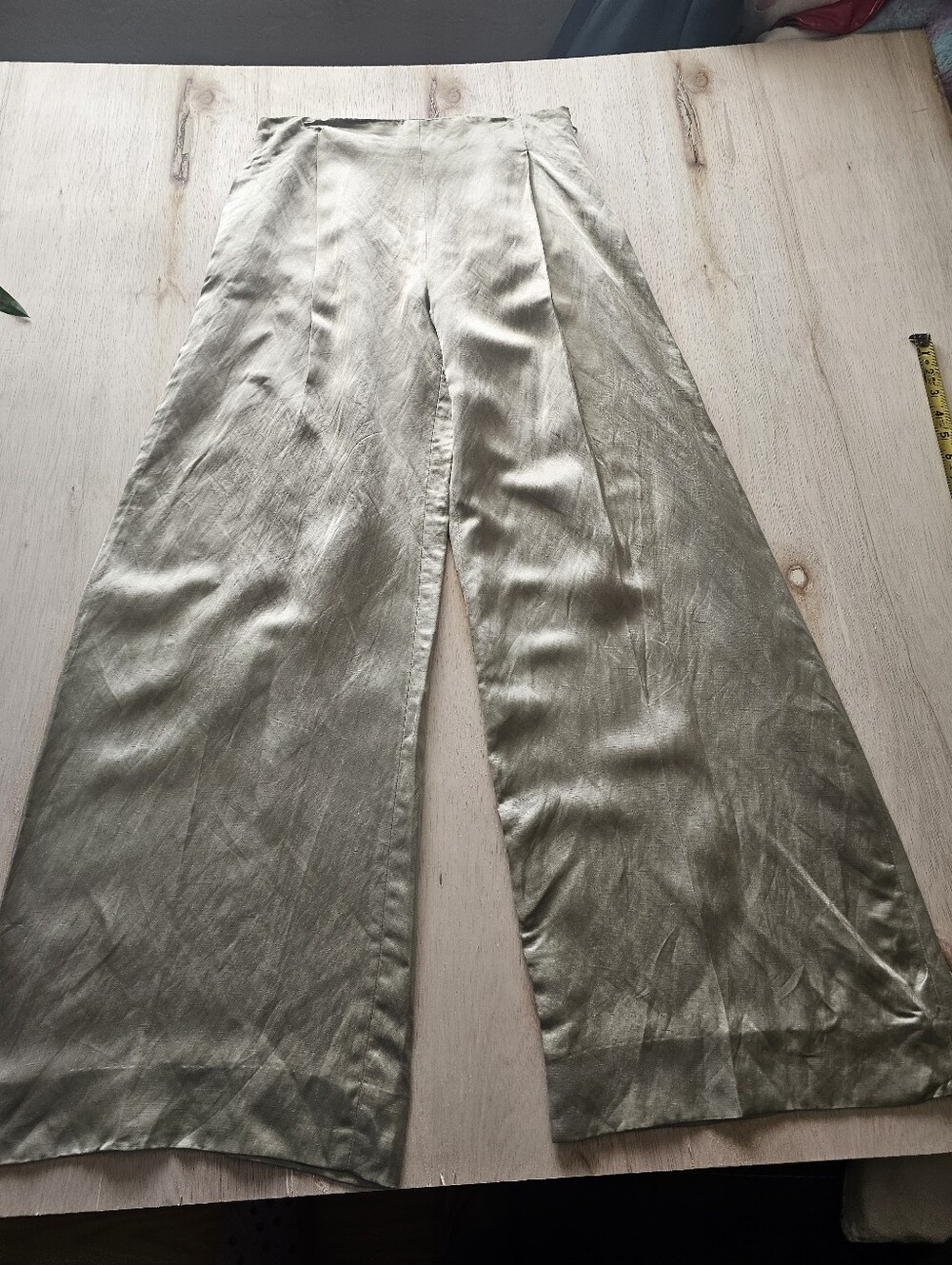Zara Linen Viscose Wide Leg Pants NWT Light Olive Green Gold Champagne M - Picture 2 of 12